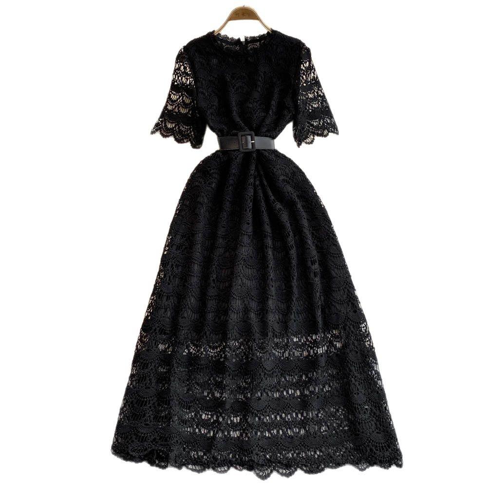 A Mid-length Dress with A Light Luxury Fashionable and Slimming Cutout Water-soluble Lace Design