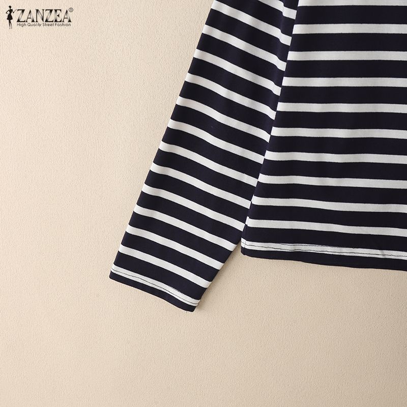 ZANZEA Women Casual Round Neck Loose Long Sleeve Stripe Blouse