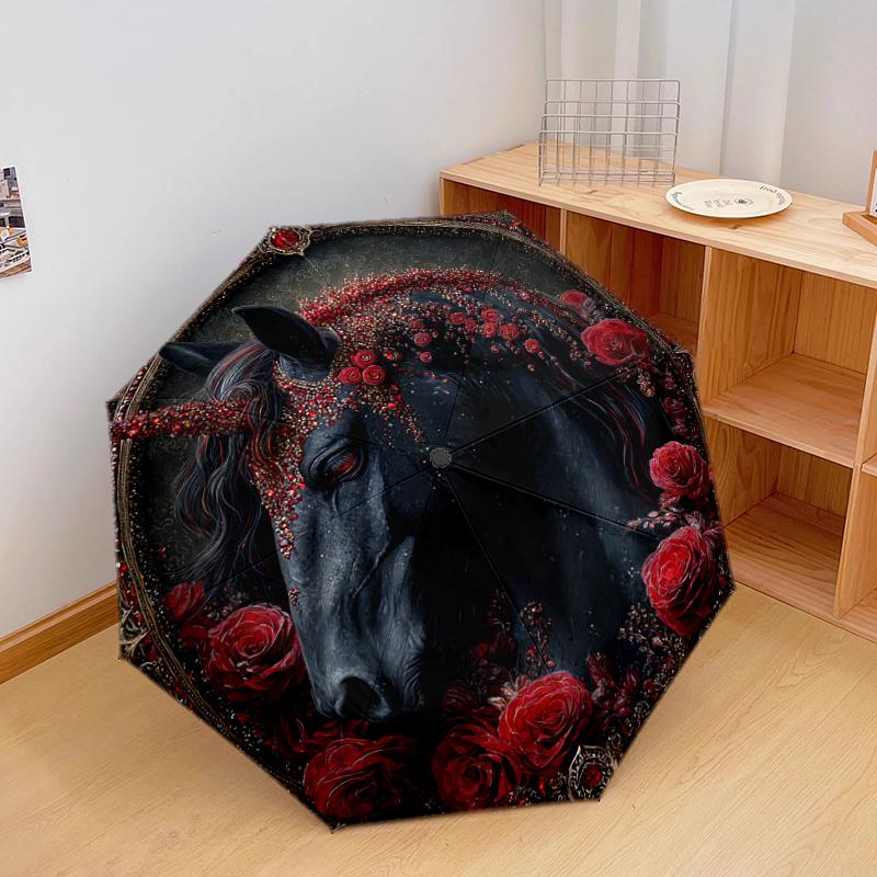 1 PC Automatic Folding Umbrella - Black Horse Pattern, Portable & Foldable Design with 8 Ribs, Christmas Birthday Gifts