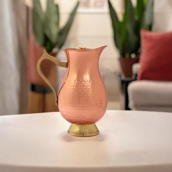 Brocca Ruggine in Rame con Coperchio, Design Tradizionale Ayurvedico, Capacità 1 Litro, Manico e Base in Ottone 20 Cm Regalo Compleanno Anniversario Meno