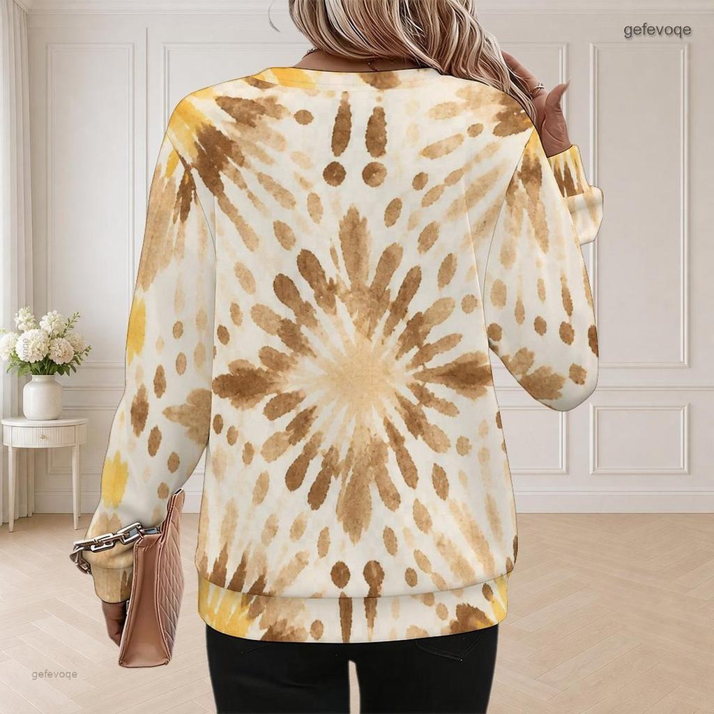 Women Plus Size Round Neck Long Sleeve Green Beige Abstract Printed Sweatshirt Ribbed Cuffs Pullover