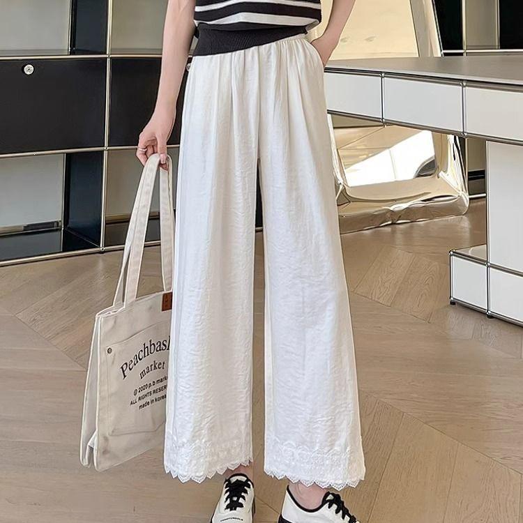 Women's Summer Ice Silk Wide-Leg Pants with Lace Trim by Yamamoto