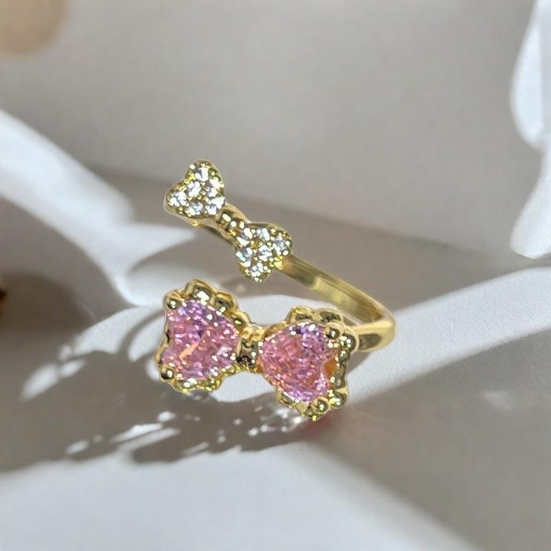 Sweet And Cool Pink Diamond Bow Series Open Ring Women'S Light Luxury Temperament Niche Design High-End Fashion Index Finger Ring