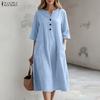 Women Casual V-Neck Solid Color 3/4 Sleeve Loose Dress