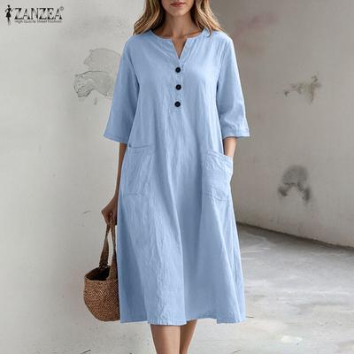 Women Casual V-Neck Solid Color 3/4 Sleeve Loose Dress