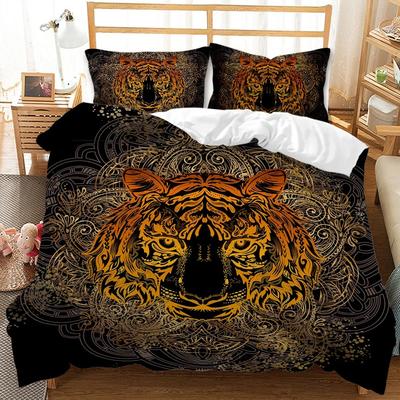 Böhmischer Tiger Bettbezug Set King Queen Größe Boho Gold Tier Totem Bettwäsche Set für Teenager Erwachsene Schwarz Polyester Steppdecke