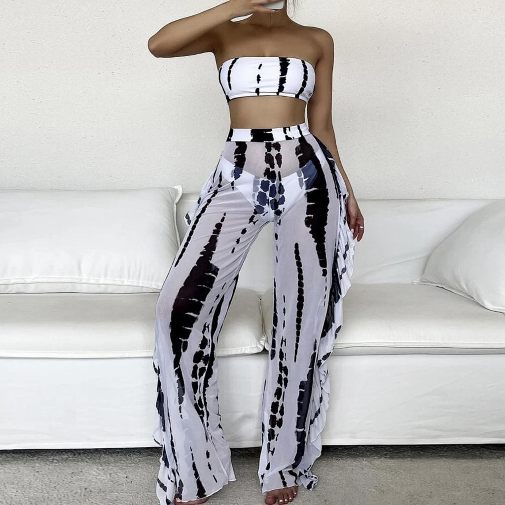 Fashion Women's Tube Top Mesh Pants Printed High Waist Split Sexy Swimsuit Bikini