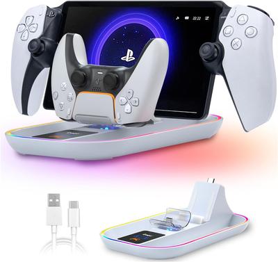 תחנת עגינה לטעינה עבור Playstation Portal, מעמד מטען ל-Ps Portal עם תאורת RGB וכבל טעינה USB-C לבקר PS5