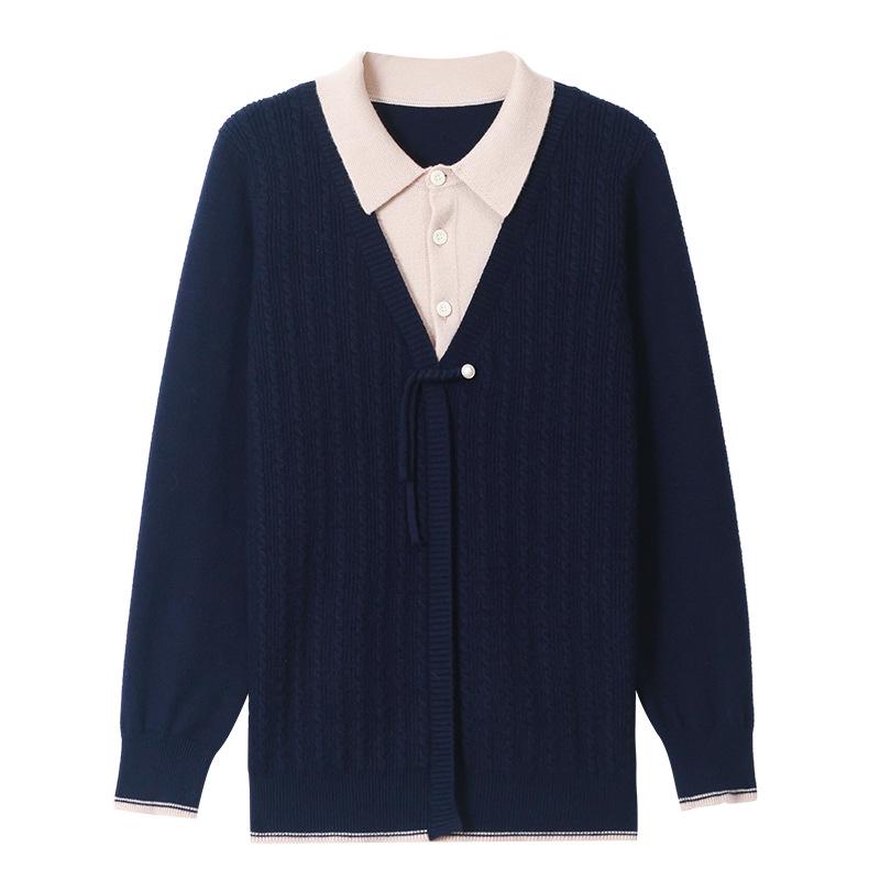 2025 Fashionable Mom's Knitted Two-Piece Look Lapel Sweater - Long-Sleeve Top for Middle-Aged Women, Perfect for Spring & Autumn