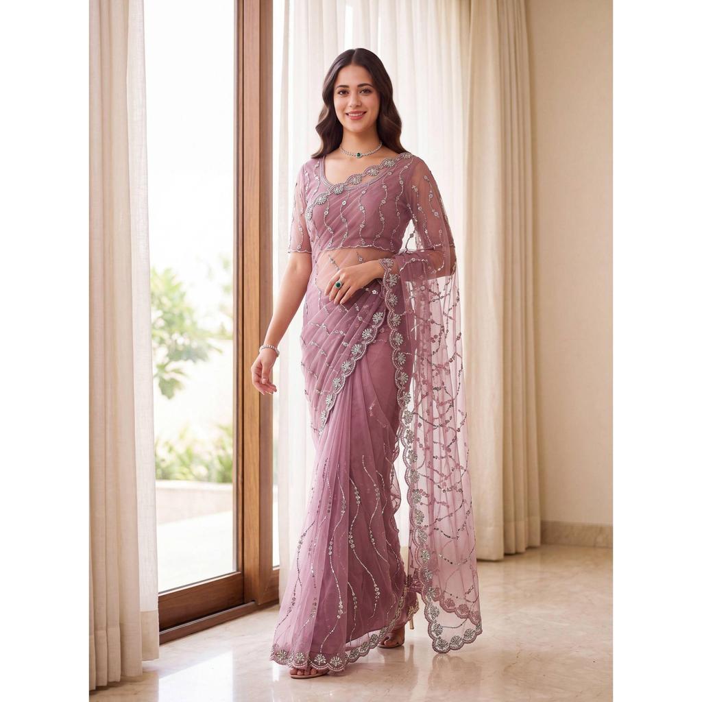 Premium Net Saree with Beads, Sequins & Pearl Embroide