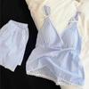 Suspender Shorts with Chest Pad Pajamas Women's Summer New Cloud Cotton High-end Girl Pink Striped Loungewear Set