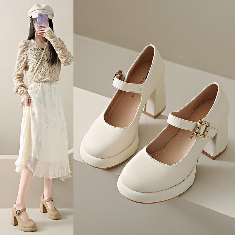 

Женские туфли на высоком толстом каблуке, одинарные туфли, весна, новый темперамент, легкий вырез, нежный ветер с юбкой, туфли Мэри Джейн 35 бежевый