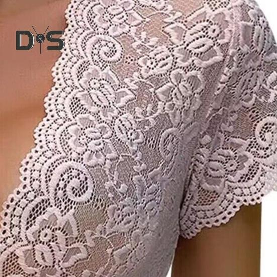 Women Night Dress See through Lace Sheath Skinny Thin Short Sleeve Low cut V Neck Flower Embroidery Pure Color Seductive Mini Nightgown