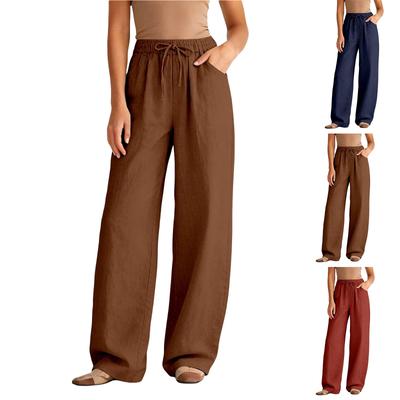 Linen Casual Wide Leg Pants For Women Elastic Waist Versatile Business Casual Work Palazzo Trousers With Pockets
