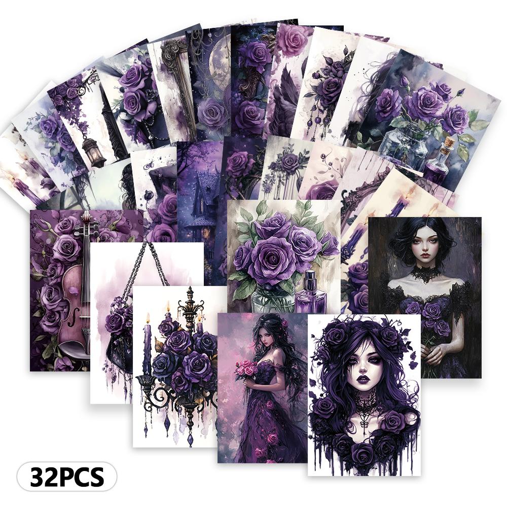 32pcs, purple Gothic-style postcards, roses, girls, birthday/anniversary gifts, collectible, giftable, and mailable