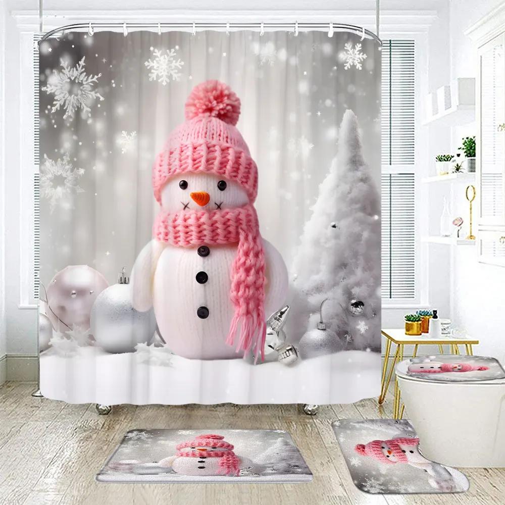 Christmas Elf Shower Curtain Rug Bathroom Set Snowman Fawn Xmas Gift Happy New Year Shower Curtain Set Bathroom Decoration