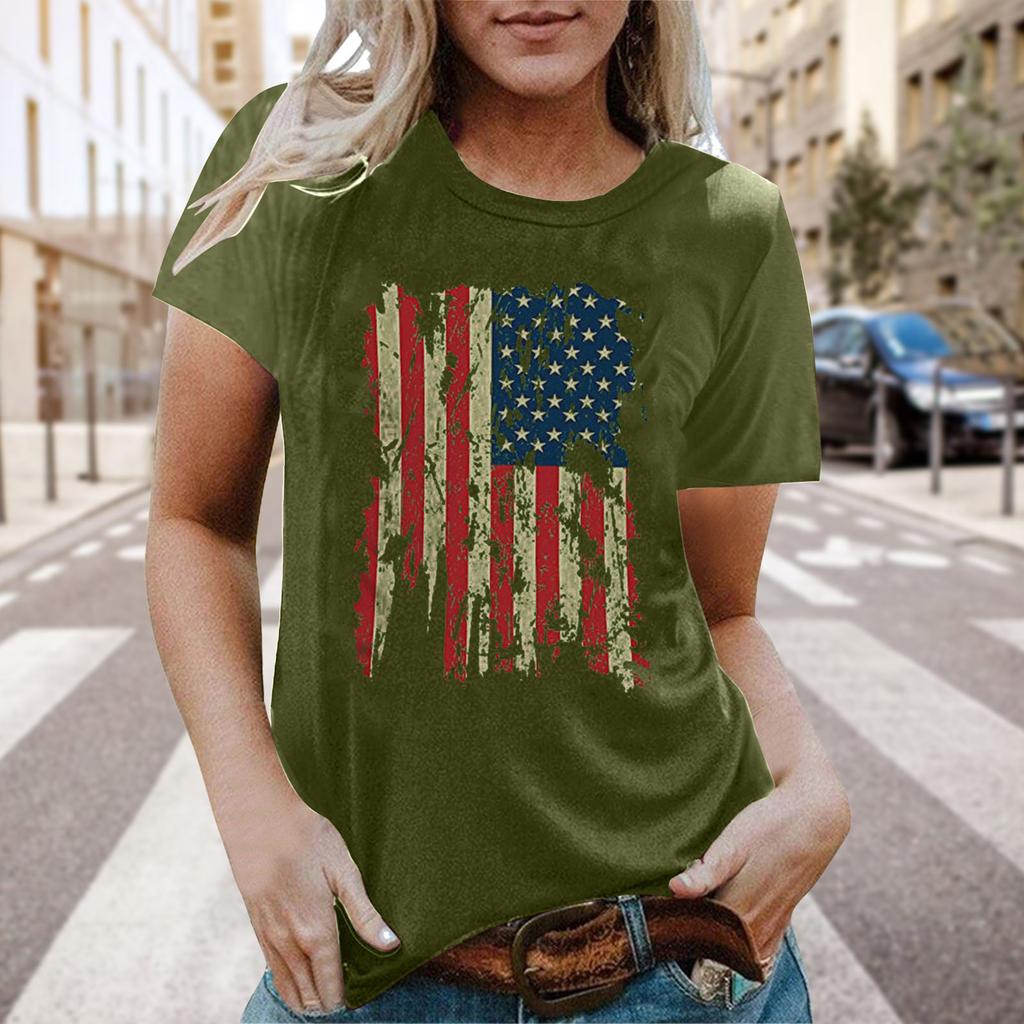Real Shot Amazon Independence Station Cross-border European, American Independence Day Printed Short Sleeve Top Women's Summer Outer Bottom Shirt