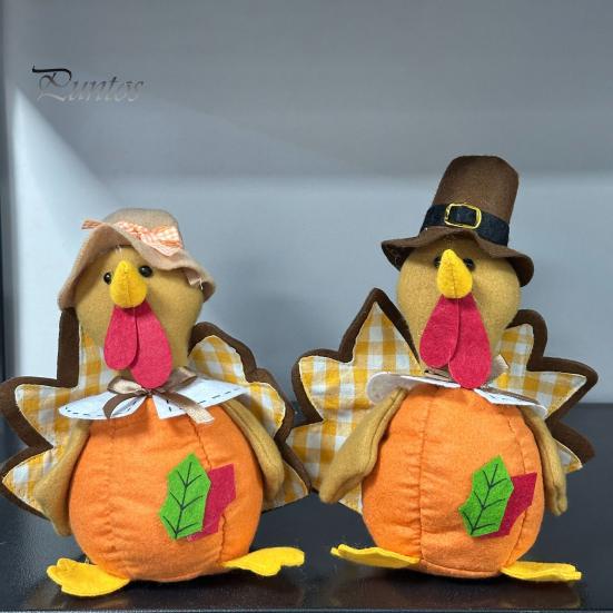 Stuffed Fabric Turkey Thanksgiving Plush Doll, Animal Figurine, Autumn Fall Fireplace Accents Harvest Tabletop Decoration for Home Desktop Tired Tray