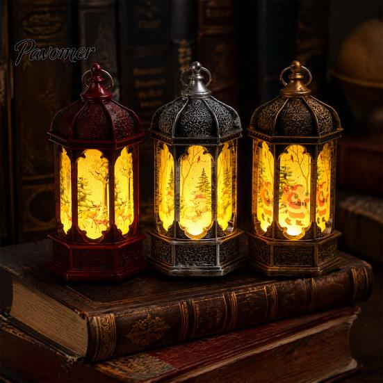 Decorative Holiday Desk Lamp Hexagon Christmas Lantern, LED Vintage Glowing Tabletop with Painted Night Light Scene, Flameless Candle for Bedroom And
