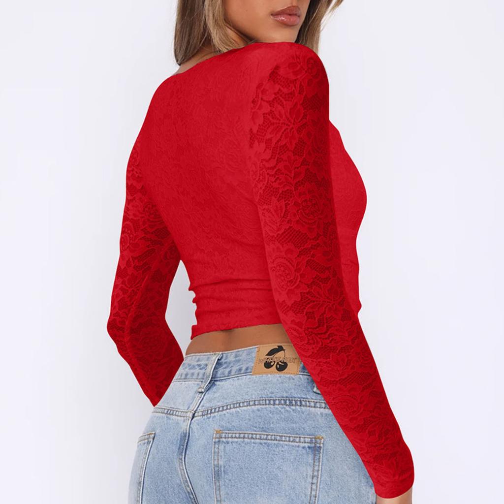 Dámský ležérní jednobarevný top s hlubokým výstřihem do V a dutou krajkou