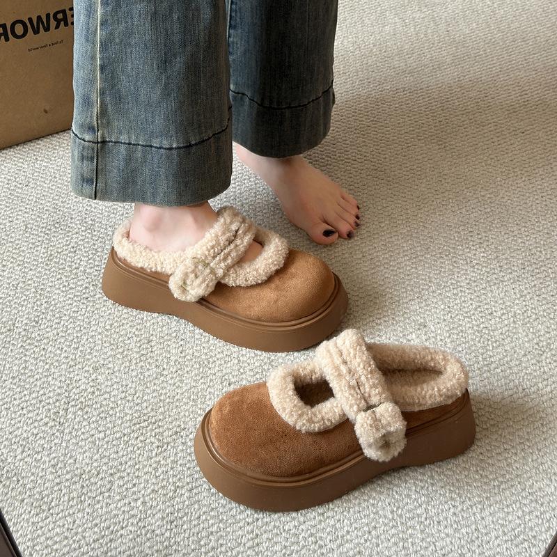 Small man keeps warm Mary Jane super thick-soled fluffy shoes for women's autumn and winter wear 2025 new velvet thickened cotton shoes