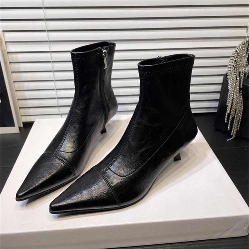French Side Zipper Cat Heel Pointed Short Boots Autumn Winter Fashion Soft Leather Thin Heel Temperament Thin Boots