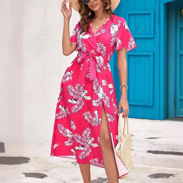 Women Summer High Waist A Line Dress Ethnic Printed Short Sleeve Lace Up