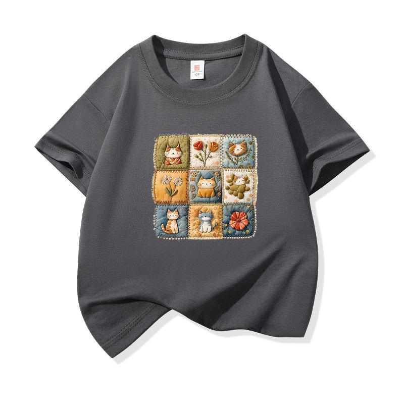 Kids Cotton T Shirt Patchwork Cat  Floral Print Crew Neck Short Sleeve Tee Casual Boys Girls Summer Tops 100