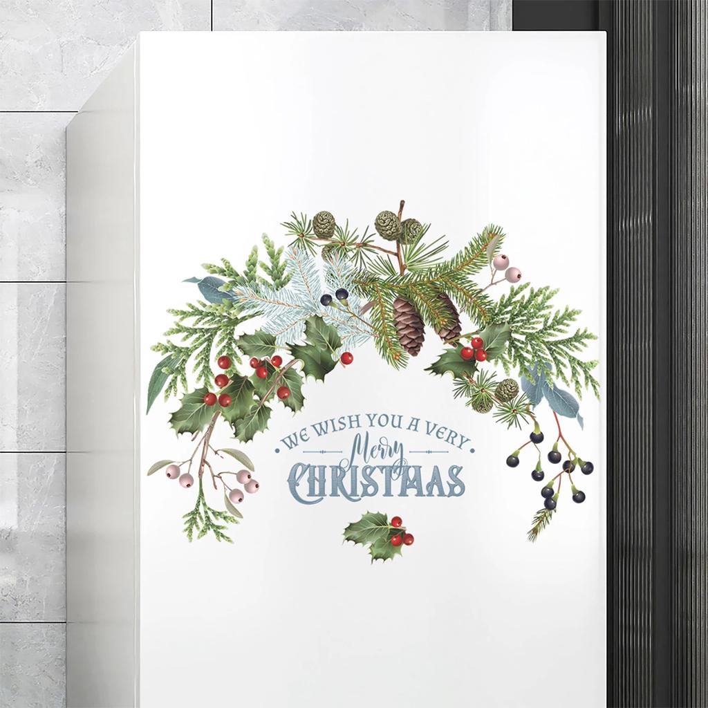 Merry Christmas Wall Stickers Pine Cones Branches Berries Green Plants Window Clings Glass Door Mural Posters Xmas Decor