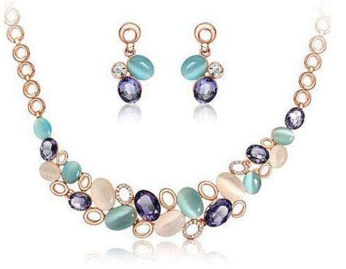 

[univarc] Набор украшений «Кошачий глаз»: колье и серьги, синий цвет - В комплекте салфетка для протирки украшений, мешочек, сумка и гарантия - Роскошный набор из 6 предметов, женская цепочка