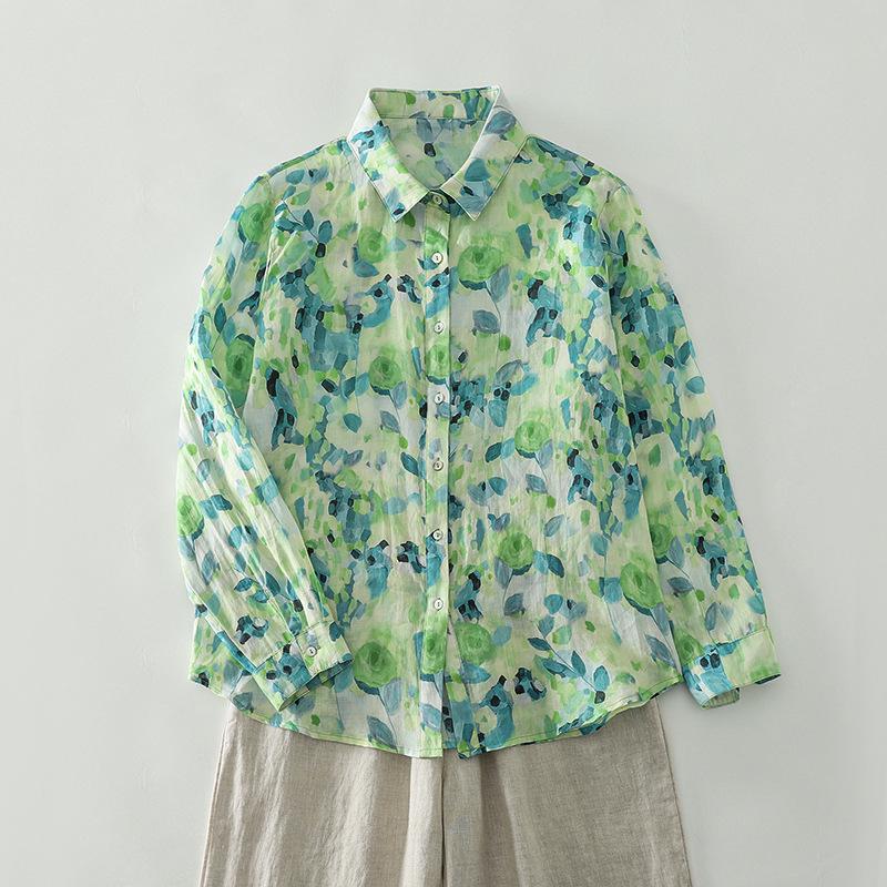 

2025 Spring Green Floral Lapel Shirt for Women – Lightweight, Versatile & Loose Fit XL цветочный/зелёный