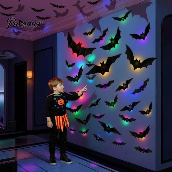 Easy Install Wall Stickers 48Pcs Halloween Bats Decor, LED Light Up Bats, 12 Lights with Remote, Spooky Home Decor for 6 Sizes 3D Indoor Window