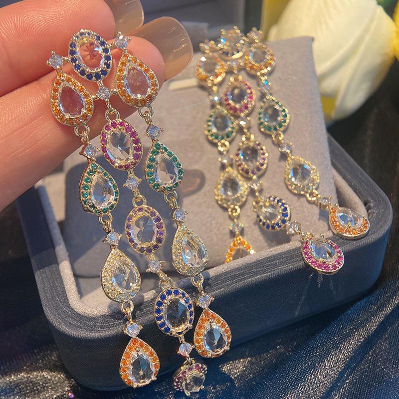925 Silver Needle Stud Earrings Boho Beads Multicolored Cubic Zirconia Sparkling Earrings Long Dress Wedding Accessories Gifts
