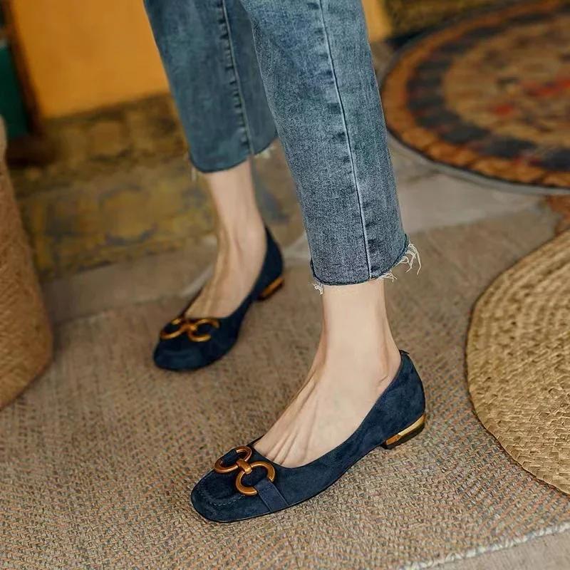 Fashion French Square Head Horsebit Leather Women Shoes Shallow Mouth Slip-On Low-heels Office Career Shoe Zapatos Mujer