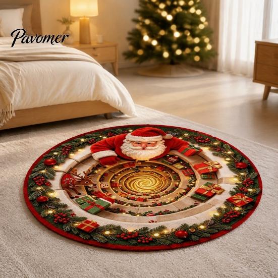 Unique Seasonal Gift Rugs Christmas Round Area Rug, 3D Visual Trap Floor Mat with Santa Elk Print, Soft Crystal Velvet Carpets Non-Slip Stain