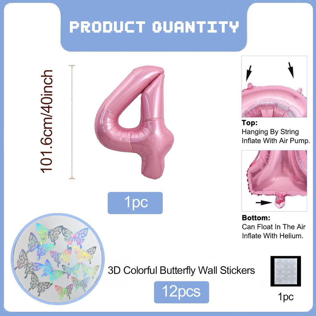 Pink Butterfly Number Balloon, 3D Stereoscopic Butterfly Number 0-9 Used for Anniversary Birthday Party Photography