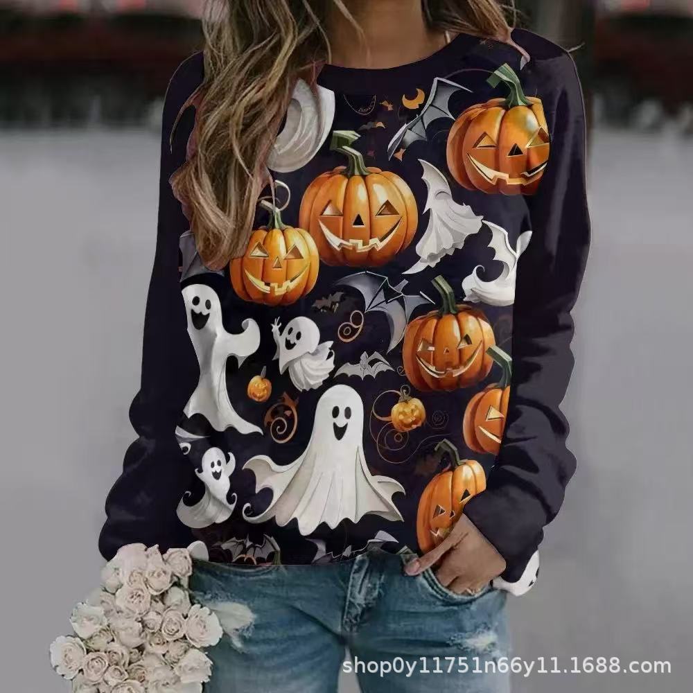 New Halloween Ladies Sweater 3D Digital Printing Pumpkin Bat Dark Pattern Crew Neck Long Sleeve Top