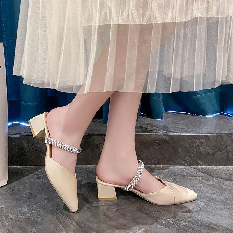 Modă toc gros vânt de zână cool papuci de casă damă cap de sac francez jumătate papuci de casă damă vară 2025 nou cu strasuri cu vârf