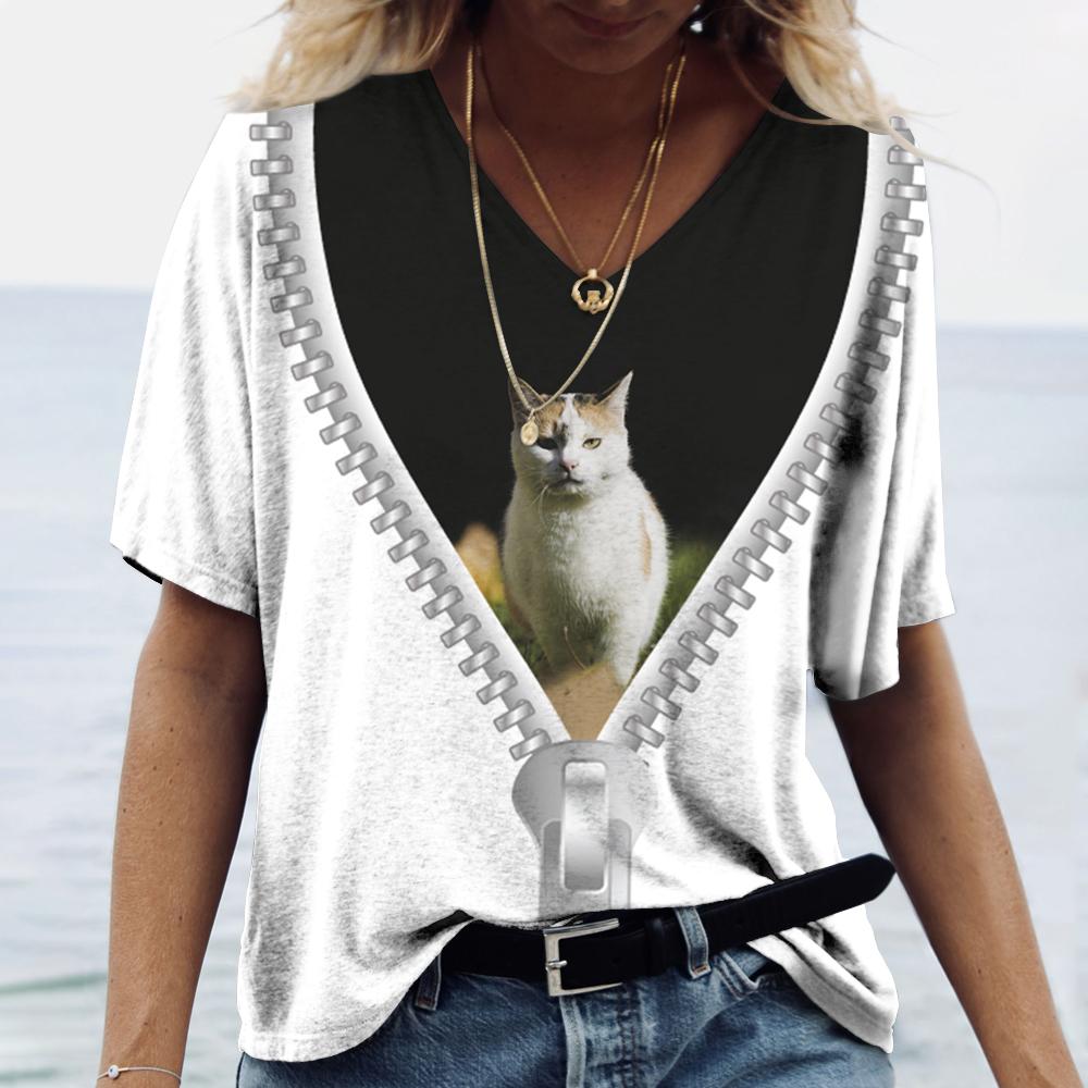 

Летний топ с V-образным вырезом, 3D-принтом кошки и молнией, модные повседневные женские футболки с коротким рукавом 4XL
