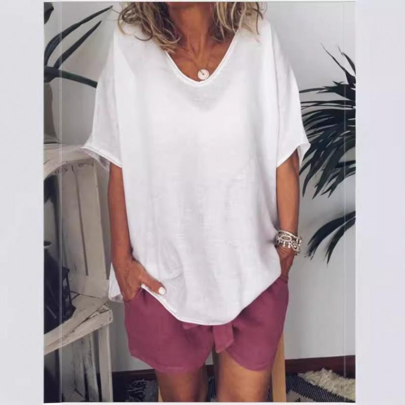 Women S Fashion Short Sleeve Cotton and Linen Loose Casual Solid Color Top S