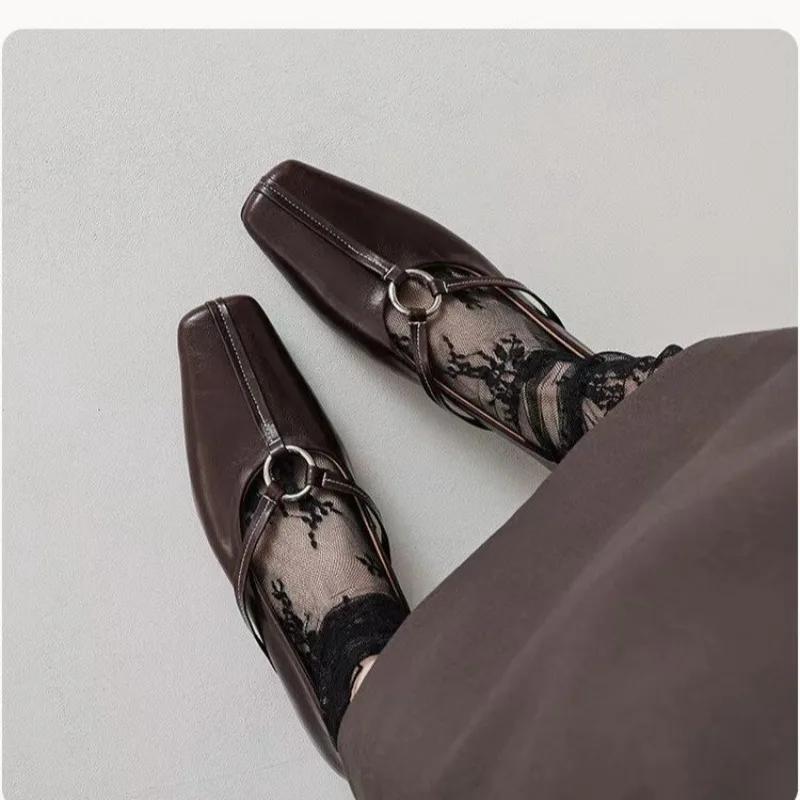Women Square Toe Heels Shoes Designer Leather Loafers Autumn 2024 Trend Retro Fad Rock Cozy Shallow Pumps Zapatillas De Mujer