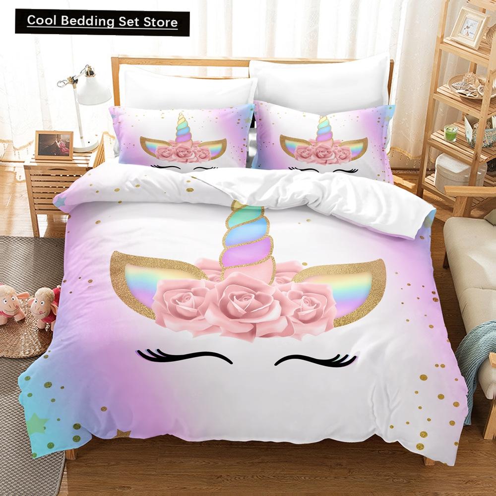Kids Unicorn Eyelash Pink Princess Duvet Cover King Queen Bedding Set Fairy Magic Animal Closed Eye 2/3pcs Polyester Quilt Cover