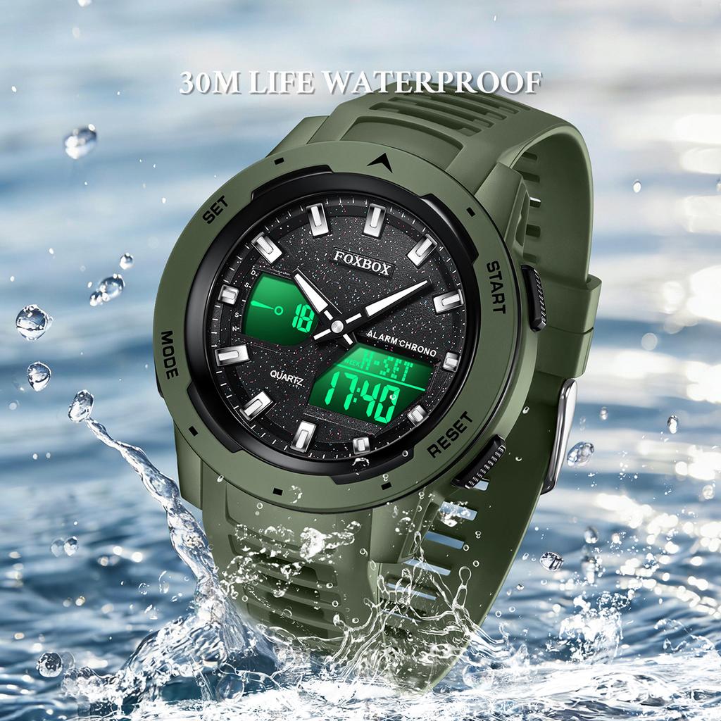 FOXBOX Military Alarm Men Watches Silicone Stopwatch LED Digital Backlight Dual Time Display Waterproof Watch Men Orologio Uomo