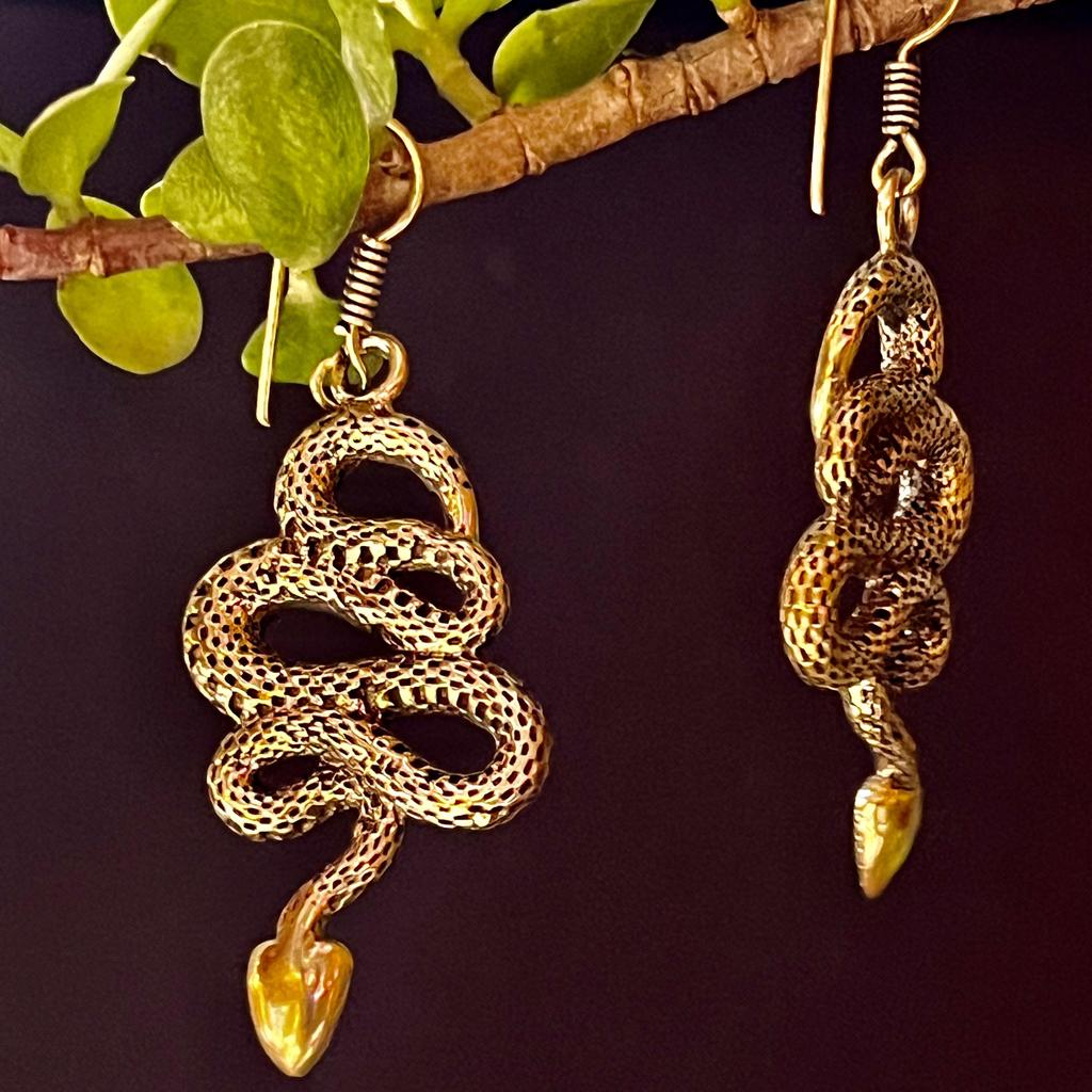 Snake earrings, cobra earring, python earring, snake hoops, gift, long earrings, snake brass earring, snake jewelry