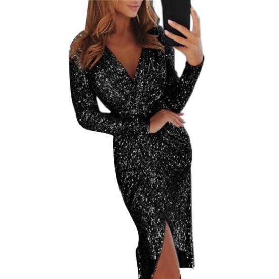Abend Party Sexy Frauen Pailletten V-ausschnitt Langarm Split Midi Bleistift Kleid