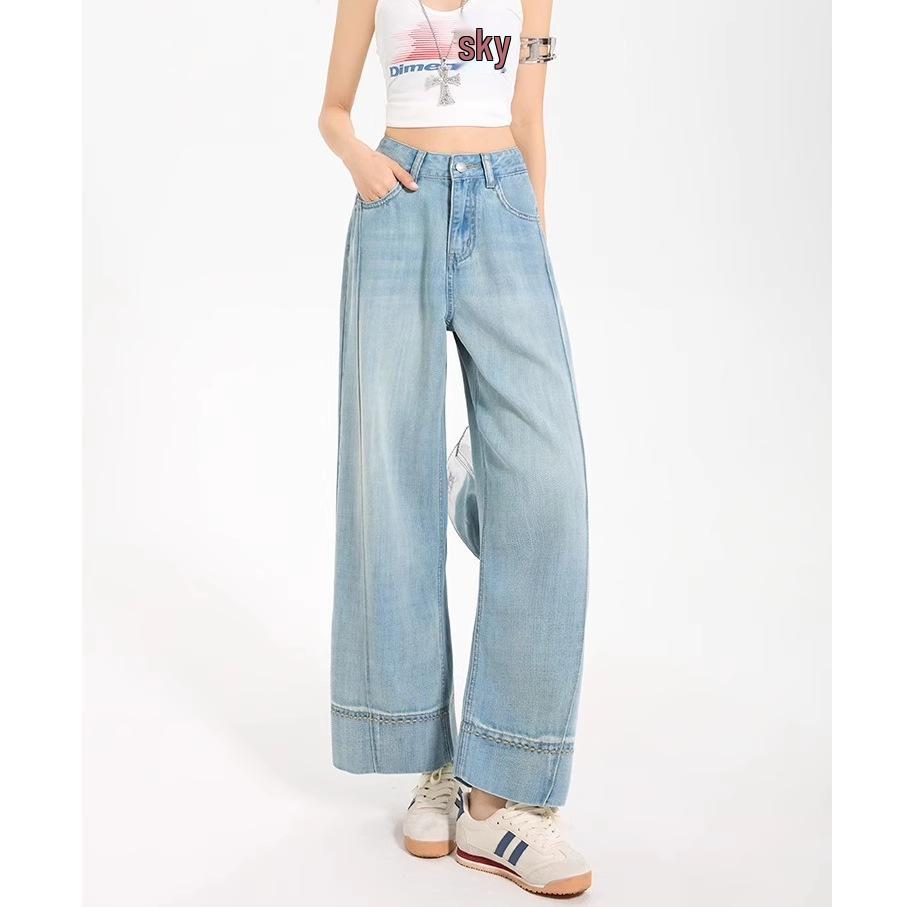 Women's Light Blue Tencel Wide-Leg Cropped Jeans, Summer Thin, Plus Size & Petite, High Waist, Drapey Style