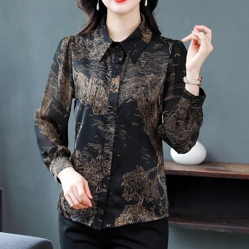 Spring Autumn New Print Chiffon Shirt Women's Long Sleeve Top Fashion Turn Dowar Collar Bottoming Blouse M-4XL