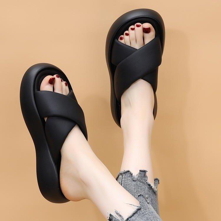 Slippers Women's Outer Wear 2025 Summer New Muffin Thick Bottom Non-slip Cross Belt Soft Bottom Casual Beach Cool Slippers