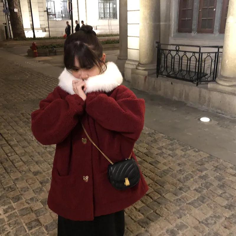 

WTEMPO Осенне-зимнее пальто из искусственной овечьей шерсти, толстое пальто, красное корейское свободное новогоднее меховое пальто с воротником из плотного рождественского меха XL красный