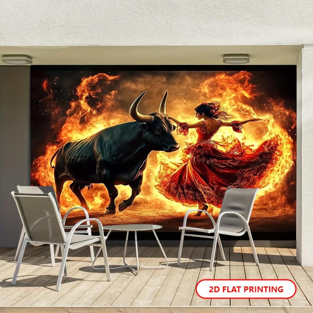 Epic Fantasy Tapestry Art Print Large Wall Decor Boho Mythological Bull Woman Fire Goddess Canvas Hanging Decoration 180x280cm